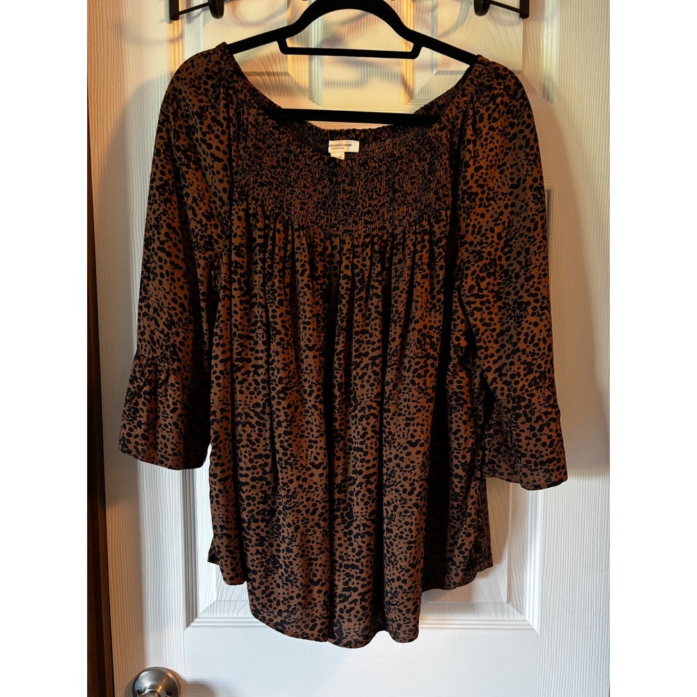 Beachlunchlounge Leopard Print Smocked Bell Sleeve Blouse Brown Black Large